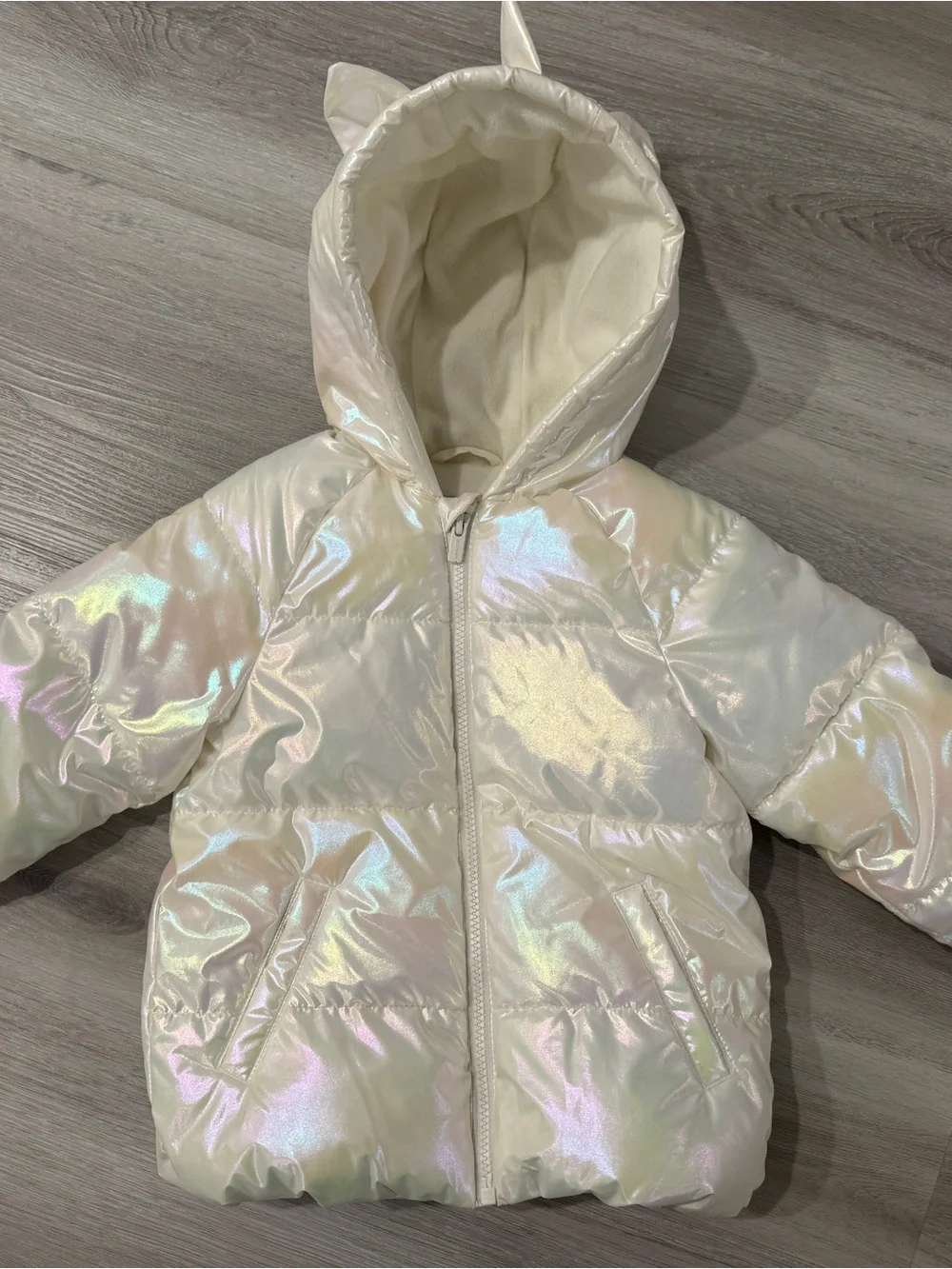 Iridescent Cream Puffer Jacket with Hood